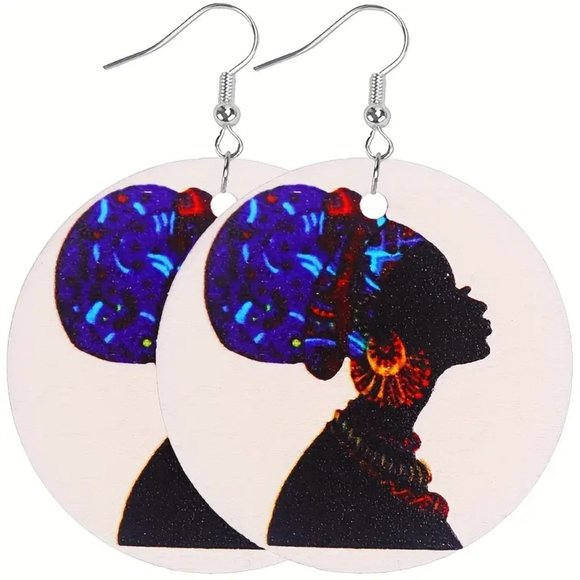 20 Pairs African Totem Black Beauty Pattern Round Dangle Earrings - Picture 5 of 11